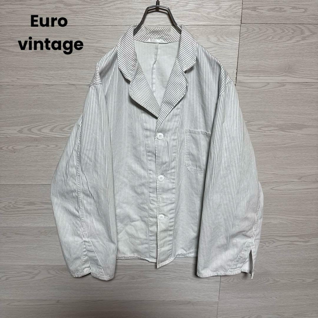 60s〜70s フレンチワーク ストライプ 開襟 ワークジャケット ユーロワークL VINTAGE