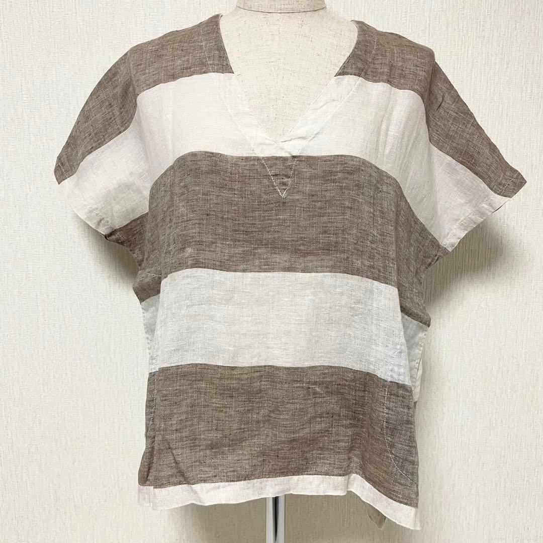 快晴堂 カイセイドウ 麻 100% ボーダー カットソー 2 リネン M