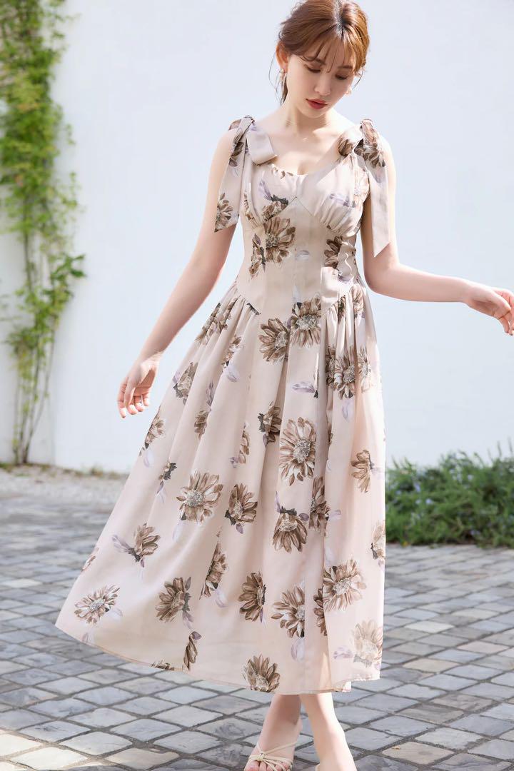 【やま。】Sunflower-Printed Midi Dress Casual Fall Dresses for Women 2024 Long Sleeve Deep V-Neck