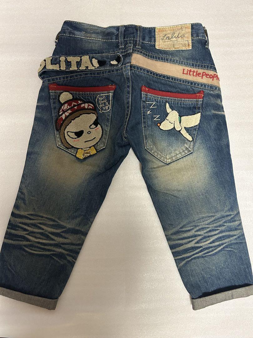 Lolita jeans × 奈良美智 ヴィンテージ加工 サガラ刺繍 デニム L Lolita jeans 奈良美智 サガラ刺繍デニム Sサイズ(七分丈
