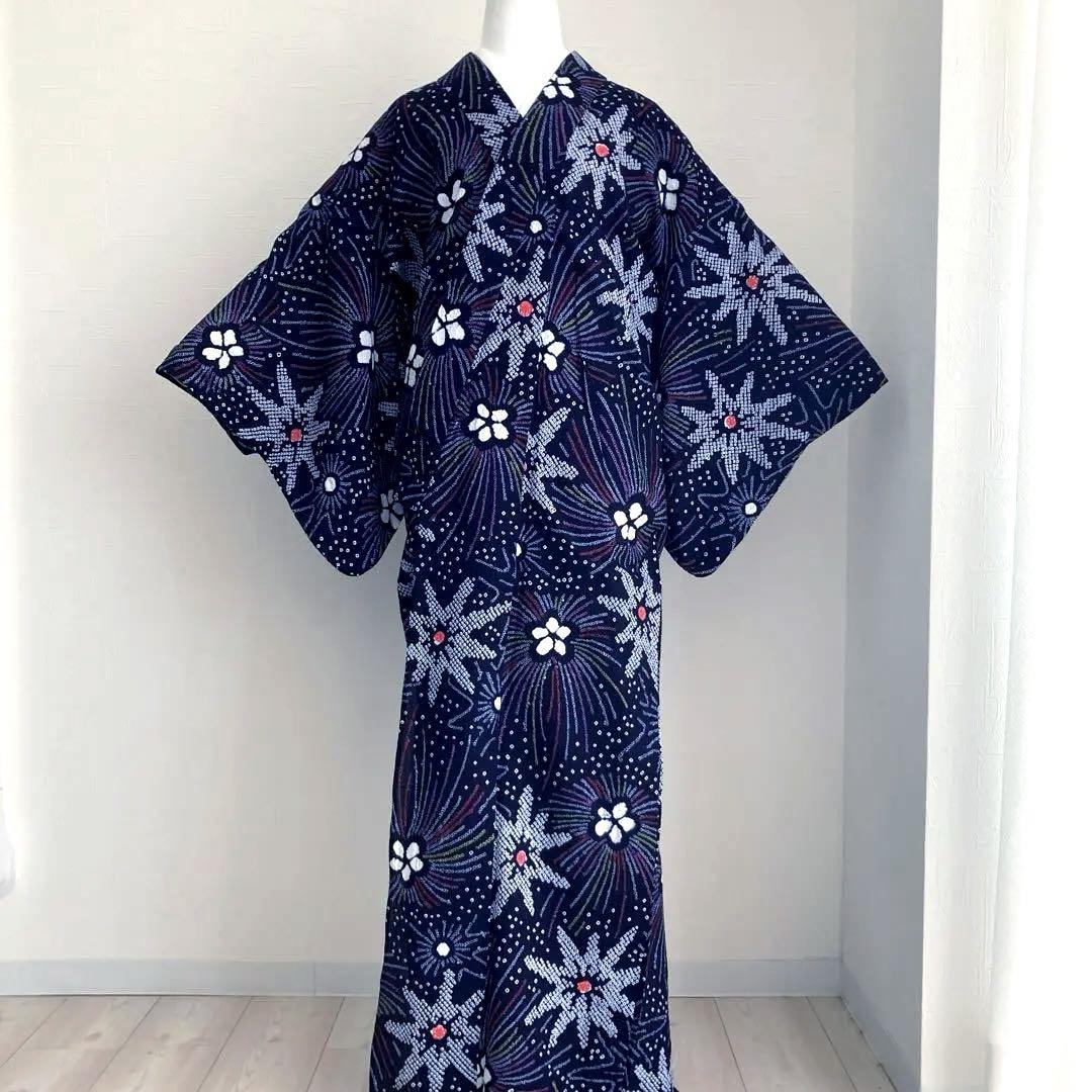 seigiman　上質　手縫い本格浴衣　花火　濃紺　美品　No.45