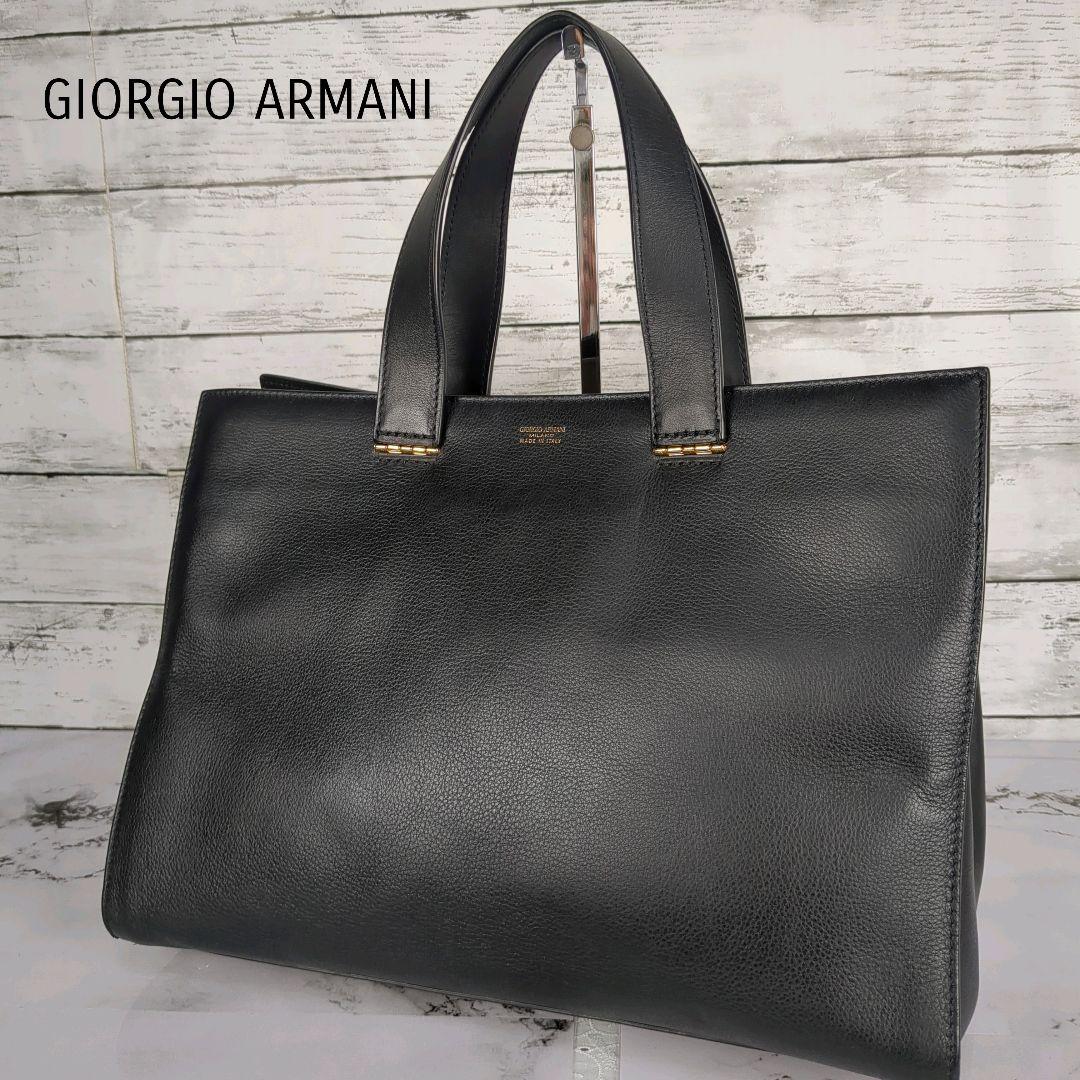 【美品】ジョルジオアルマーニ☆ゴールド金具　ブラック　レザー　ハンドバック