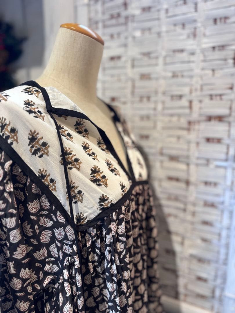 花柄 ロングワンピース ブロックプリント インド ワンピース Lサイズ タグ付き