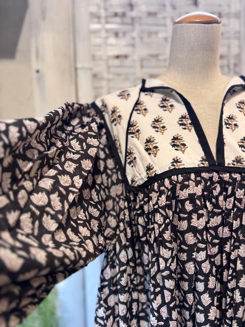 花柄 ロングワンピース ブロックプリント インド ワンピース Lサイズ タグ付き