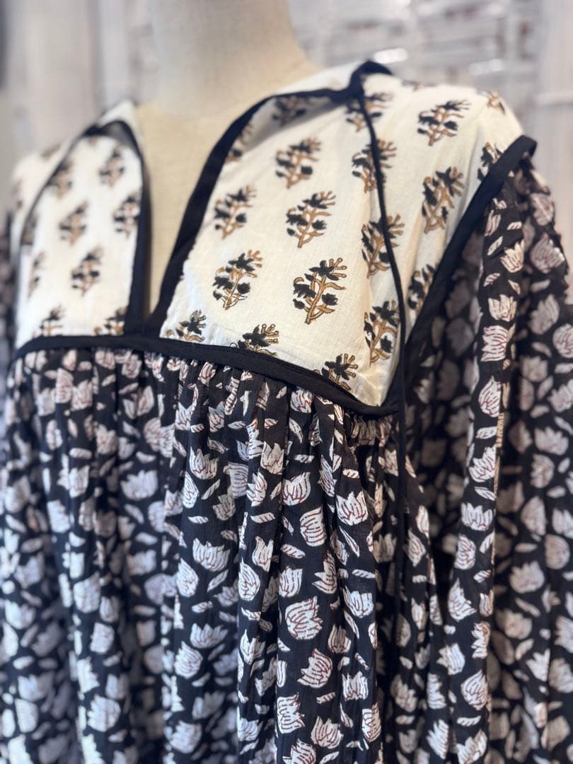 花柄 ロングワンピース ブロックプリント インド ワンピース Lサイズ タグ付き