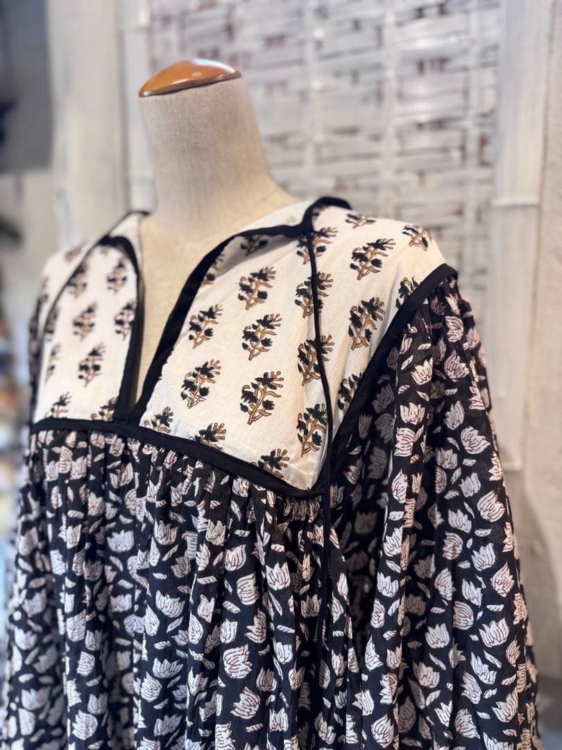 花柄 ロングワンピース ブロックプリント インド ワンピース Lサイズ タグ付き