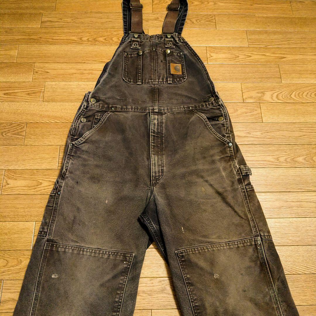 W34 L32 Carhartt ダブルニー ダック生地 革タグ オーバーオール