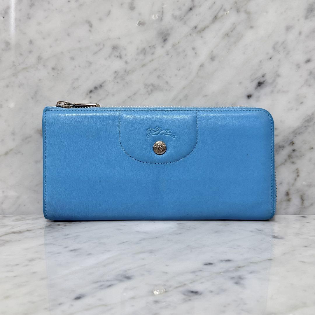 Longchamp ロンシャン 長財布 水色 本革 レザー L字ファスナー