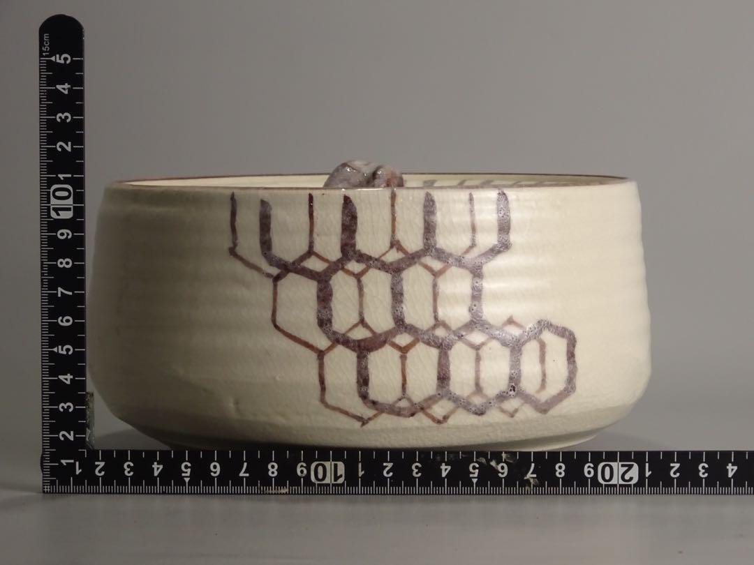 茶道具 志野焼 絵志野 鉄絵 花草文 水指 時代箱付 V R6156B 茶道具 美濃焼 志野 鉄絵 六角輪繋ぎ文 平水指 在銘 水指 作家物