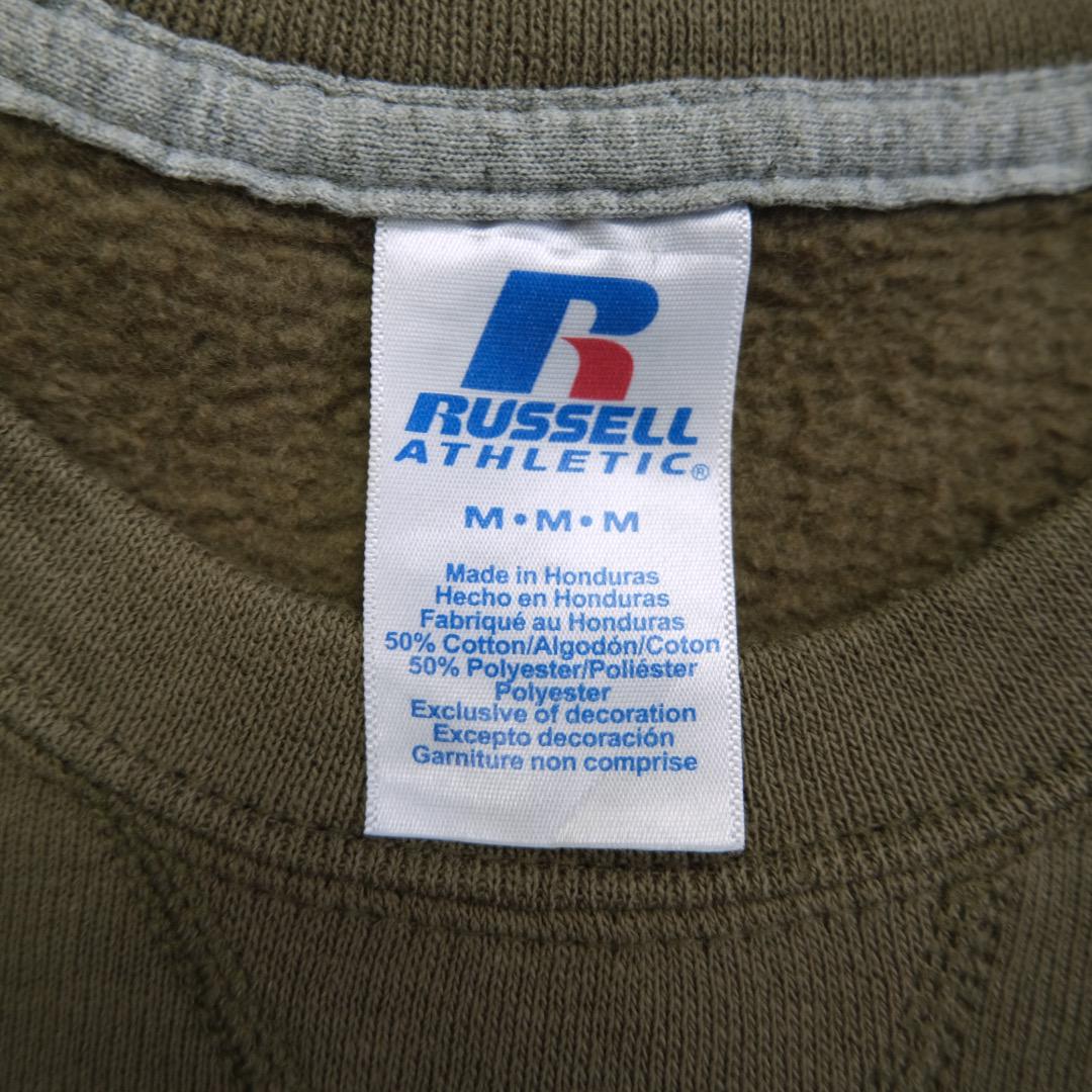 ラッセルアスレチック　刺繍ロゴ　馬　スウェット　トレーナー　オリーブ　M 古着 ラッセルアスレチック 刺繍ロゴ 馬 スウェット トレーナー