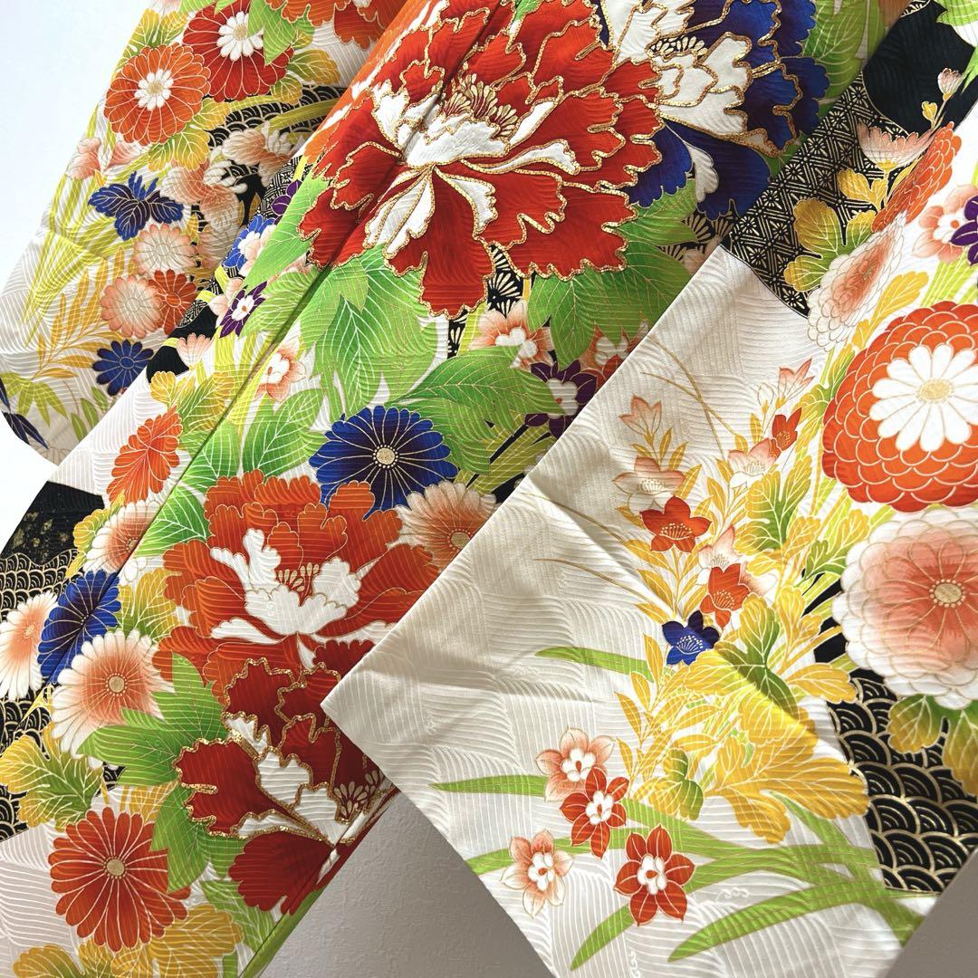 405 振袖フルセット 正絹 白 橙 黒 緑 金彩 駒刺繍 カラフル
