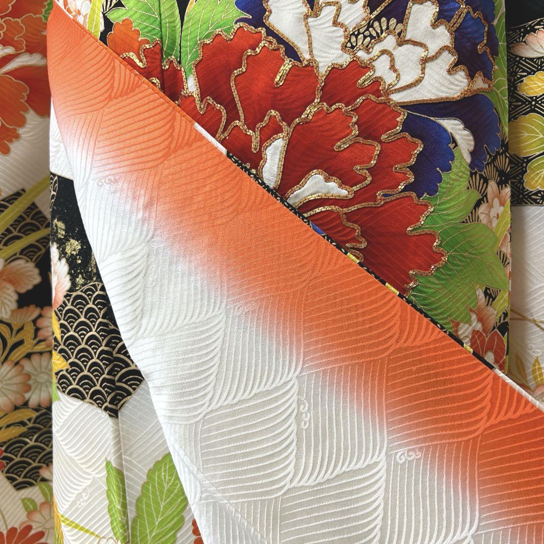 185 振袖フルセット 正絹 白 緑 青 黄 橙 オレンジ 金彩 駒刺繍 百貨店 185 振袖フルセット 正絹 白 緑 青 黄 橙 オレンジ 金彩 駒刺繍