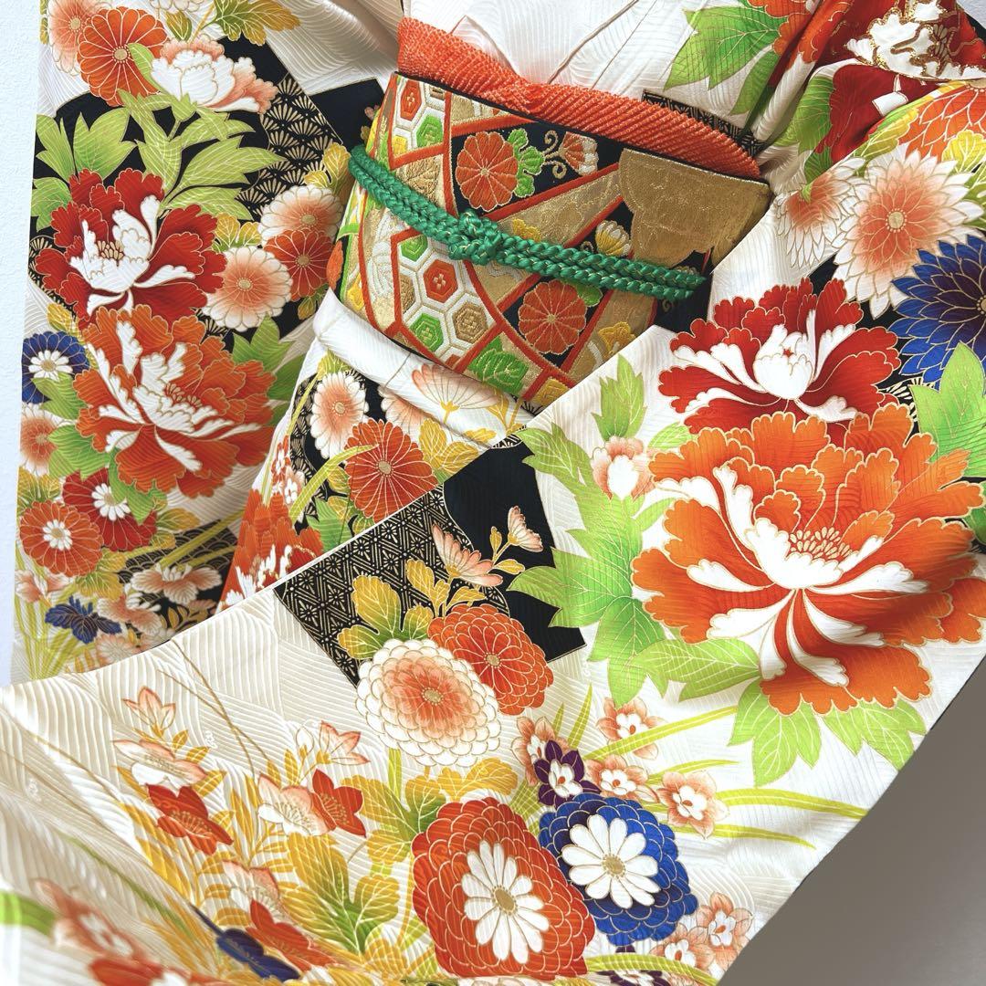 405 振袖フルセット 正絹 白 橙 黒 緑 金彩 駒刺繍 カラフル