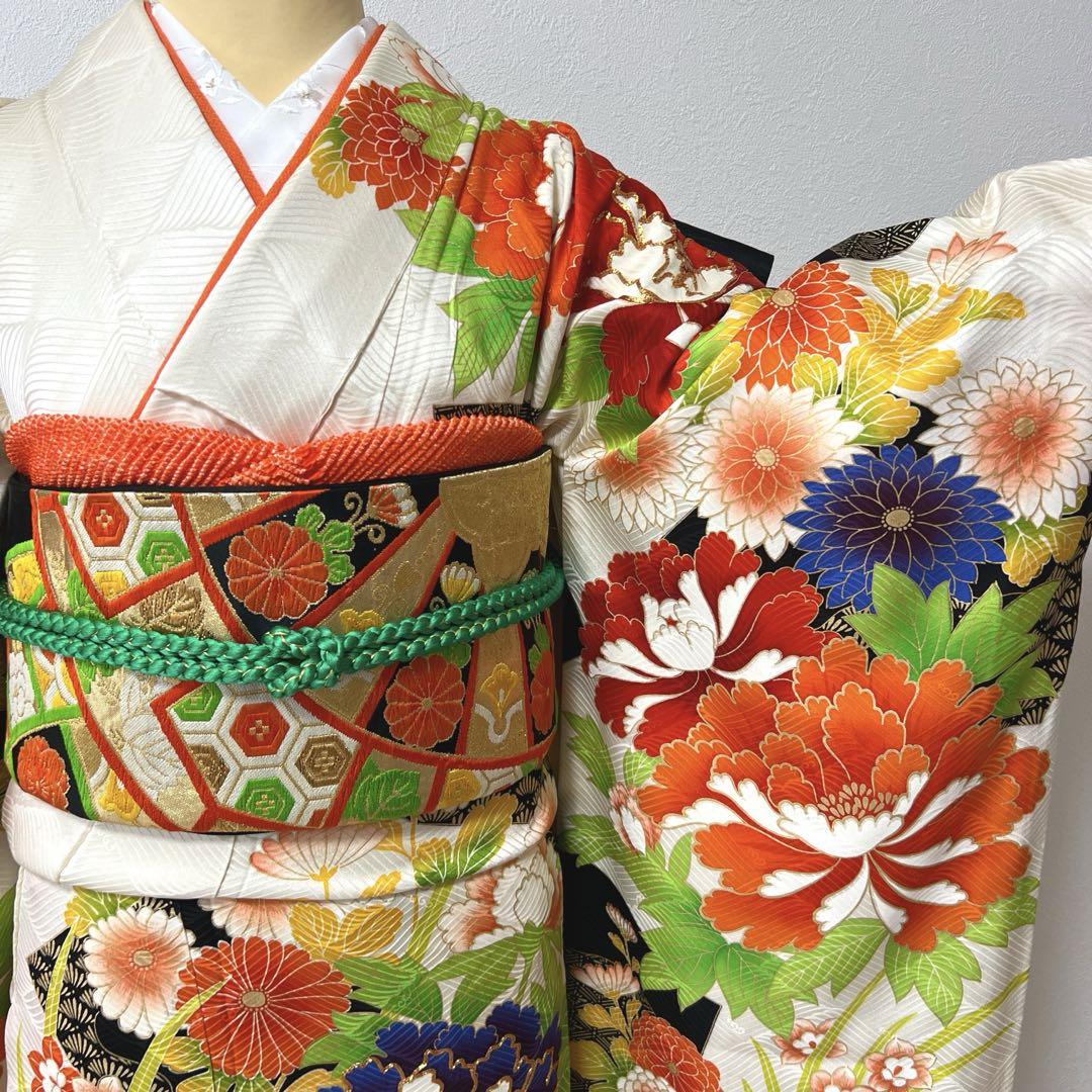 405 振袖フルセット 正絹 白 橙 黒 緑 金彩 駒刺繍 カラフル