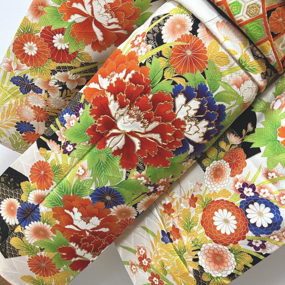 423 振袖フルセット 正絹 緑 グリーン 茶 金彩 駒刺繍 暈し染め 414 振袖フルセット 正絹 黄緑 グリーン 総絞り 駒刺繍 未使用