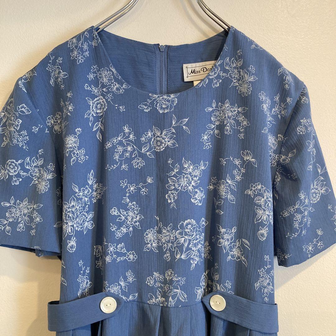 花柄 ブルー ロングワンピース 半袖