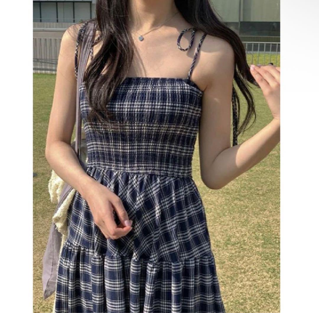 ネイビー チェック柄 キャミワンピース ロング