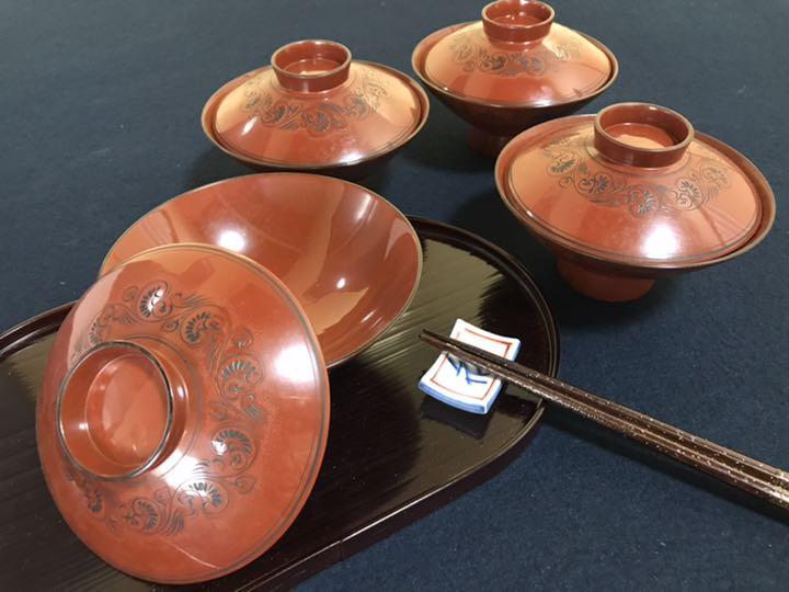 懐石 茶懐石 輪島塗 沈黒 吸物椀 4客 木製漆器　（1fラック）