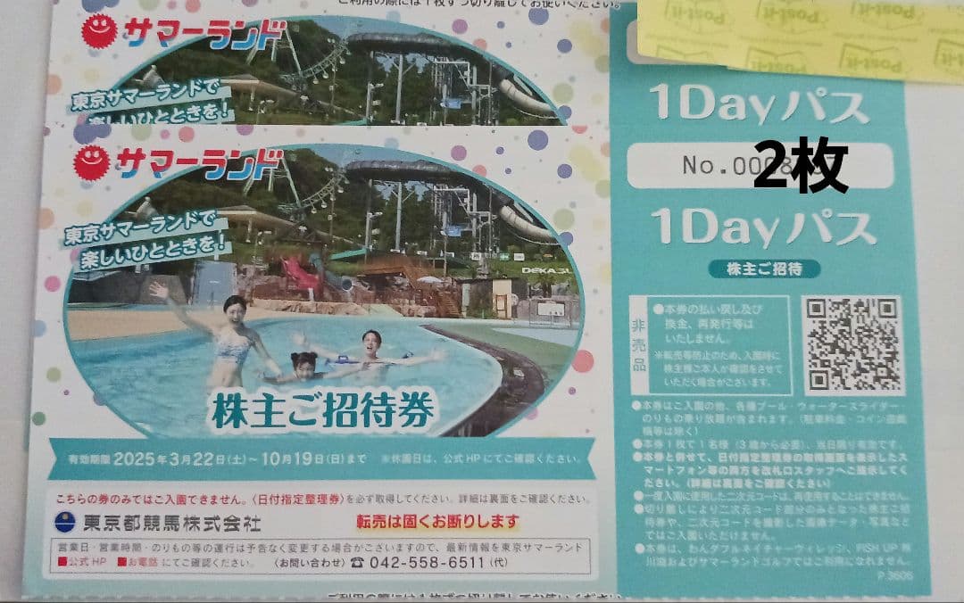 東京サマーランド　1Dayパス　2枚セット 東京サマーランド 1Dayパス 2枚（除外日なし） USJ パートナーパス２枚