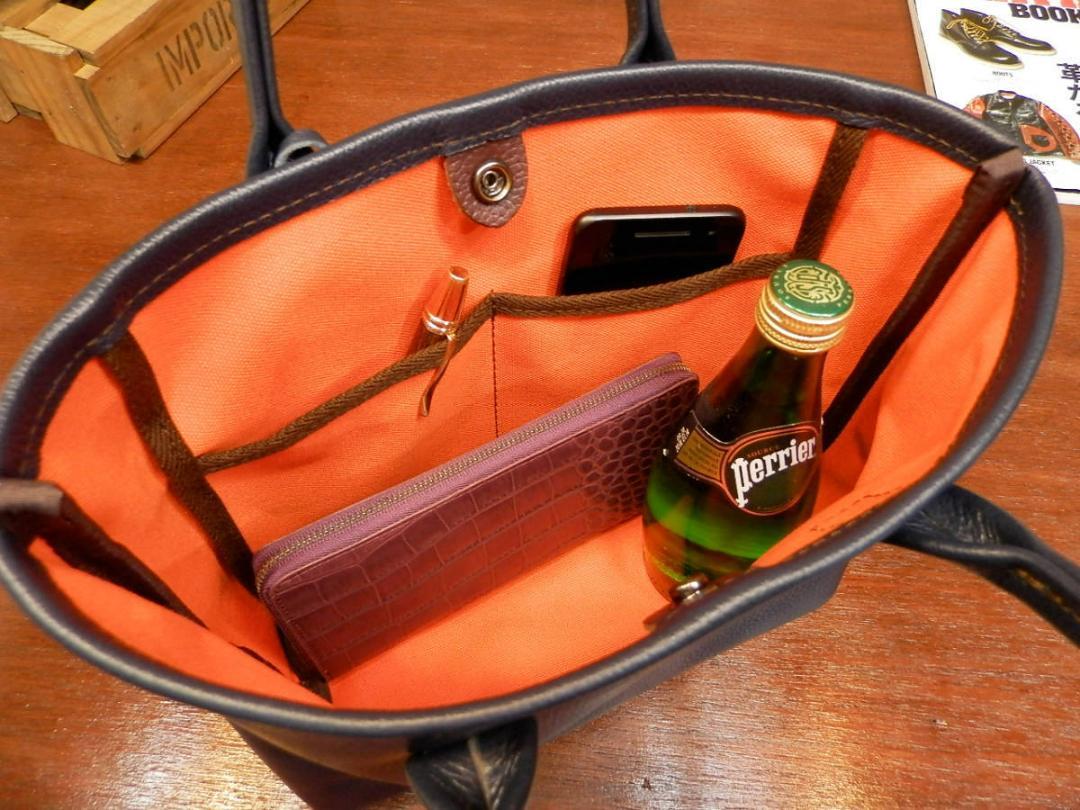 ☆Ｓサイズ☆紺ネイビーレザー×オレンジ裏地のミニトートバッグ!日本製　姫路レザー