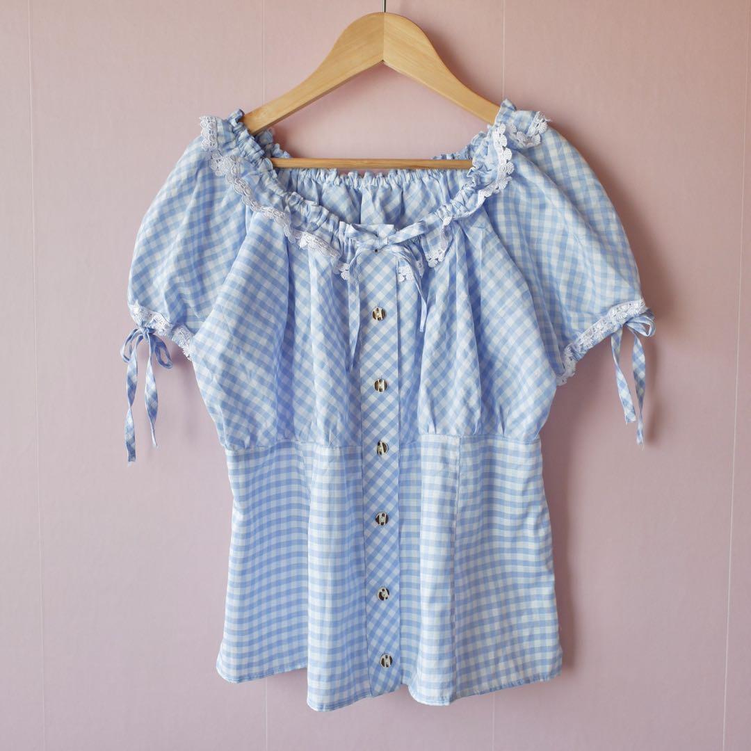 トップス Vintage Gingham Puff Sleeve Blouse Allegra K Vintage Gingham Top for Women's Puff Short Sleeve