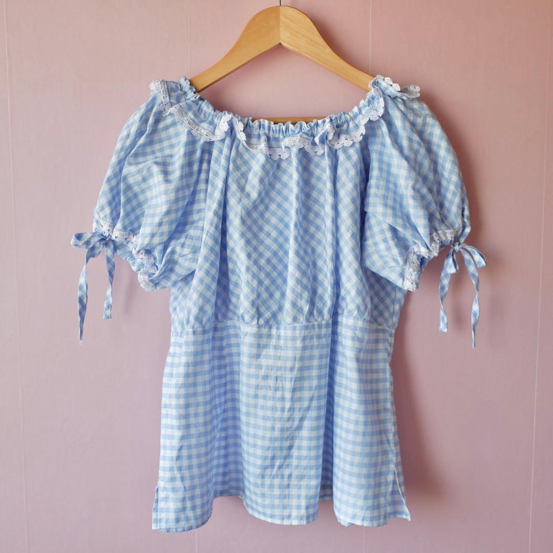 トップス Vintage Gingham Puff Sleeve Blouse