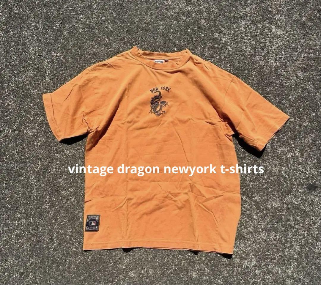 vintage tシャツ baseball 龍 ny 短丈 y2k オレンジ