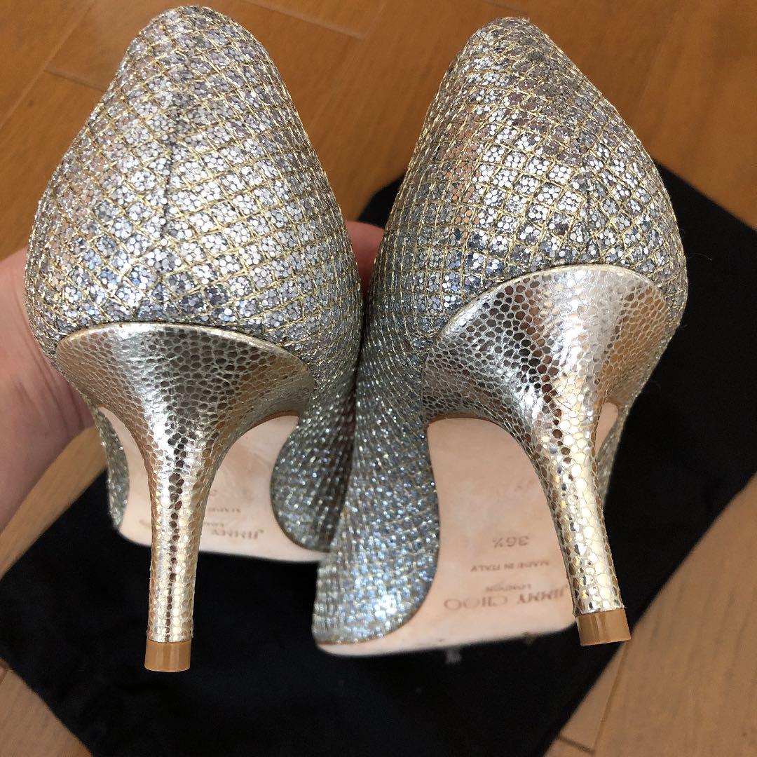 Jimmy Choo ジミーチュウ　37 ビジューシルバーパンプス クリスタルチェーン付き Platinum Ice ダスティグリッター