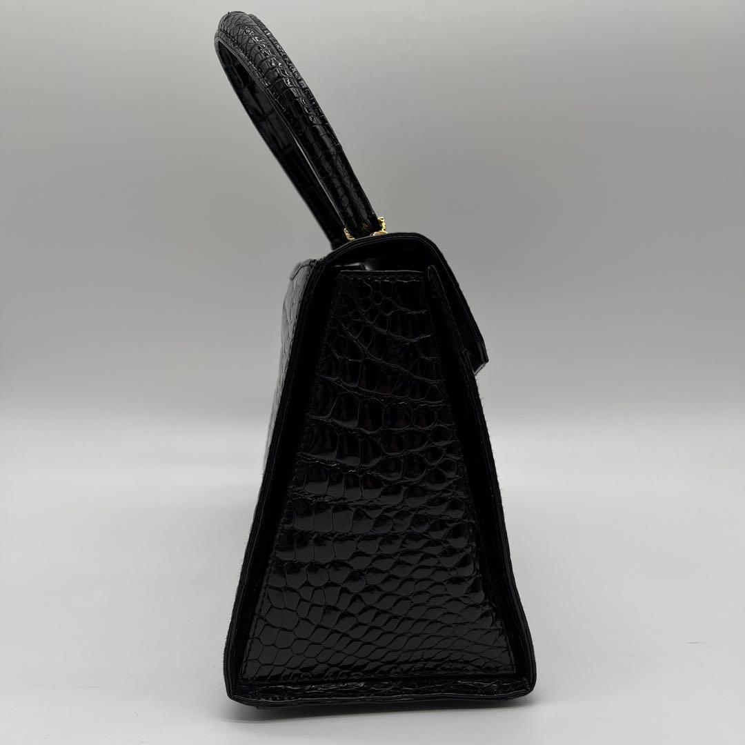 【送料無料キャンペーン】 シャイニー クロコダイル CROCO 美品】KRISTAR 金金具 黒 ハンド バッグ