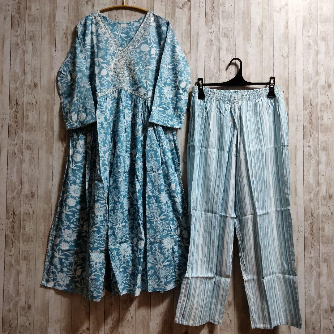 インド民族衣装 植物プリントのＡラインクルタセット ブルー【52-54】