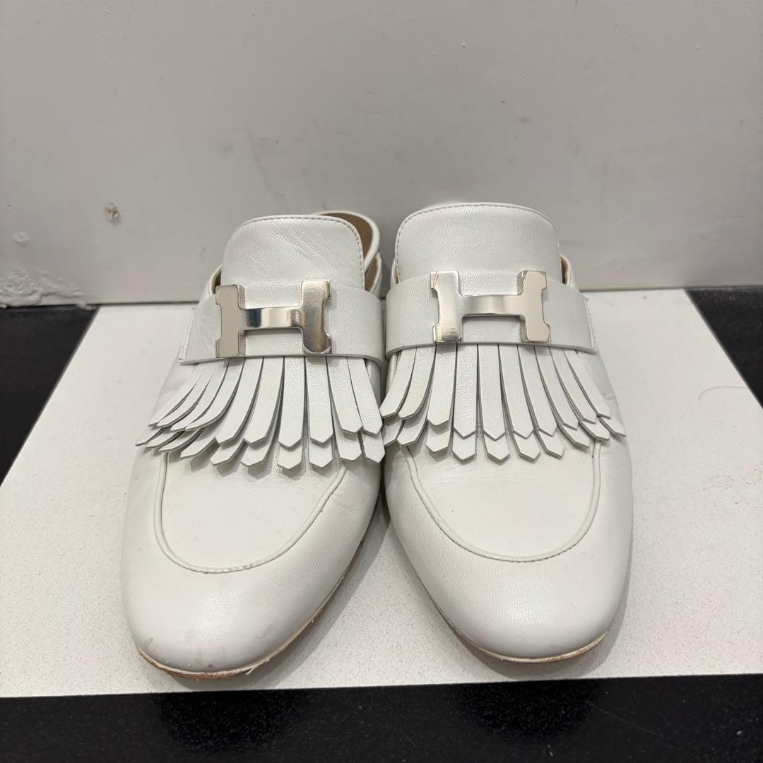 エルメス フリンジ ミュール チュイルリー サボ 白 Ｈバックル サンダル22cm・HERMES KIN-KAAI_COM