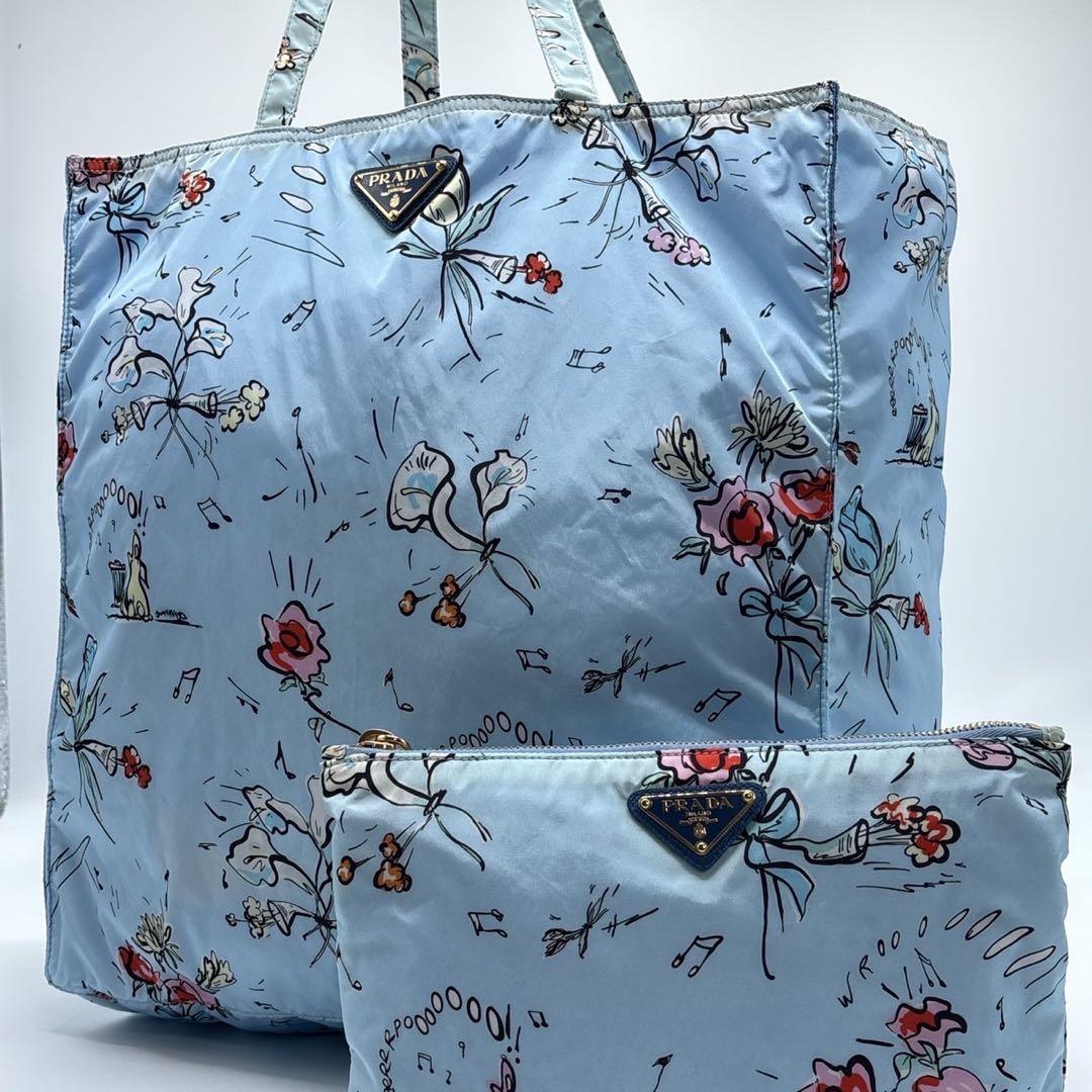 【美品】プラダ エコバッグ ポーチ付 三角ロゴ フローラル 花柄 ライトブルー