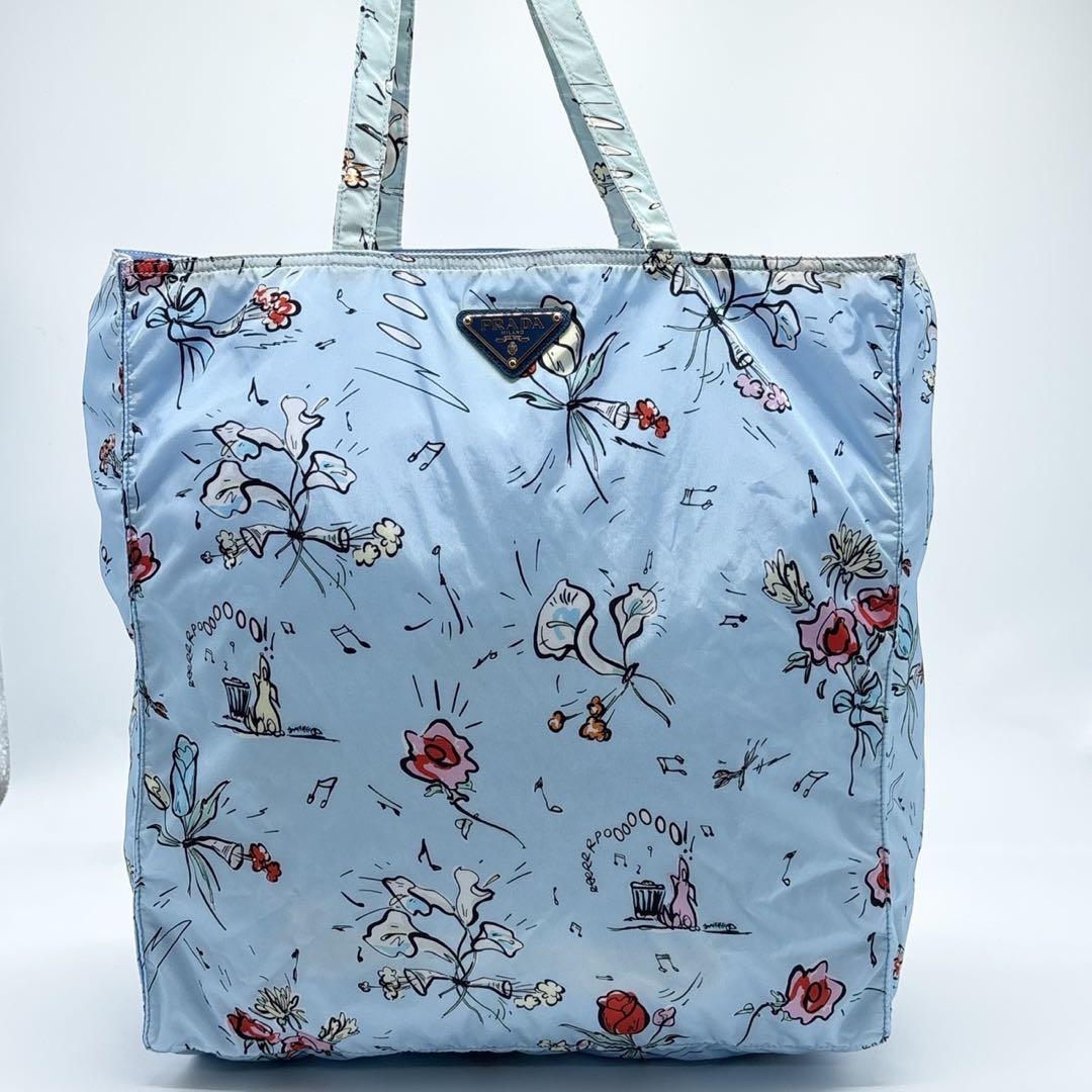 【美品】プラダ エコバッグ ポーチ付 三角ロゴ フローラル 花柄 ライトブルー