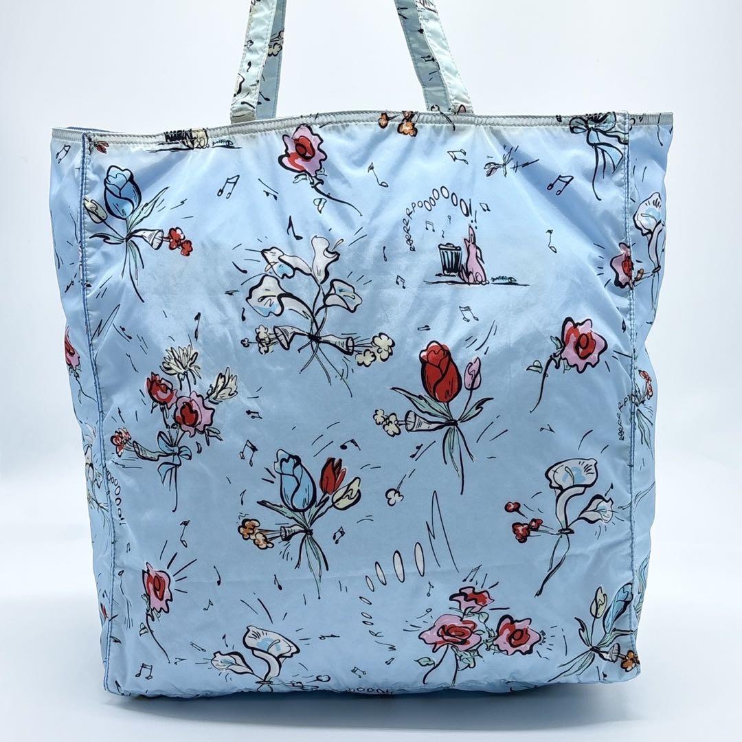 【美品】プラダ エコバッグ ポーチ付 三角ロゴ フローラル 花柄 ライトブルー