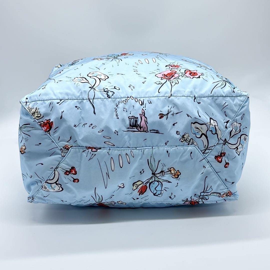 【美品】プラダ エコバッグ ポーチ付 三角ロゴ フローラル 花柄 ライトブルー
