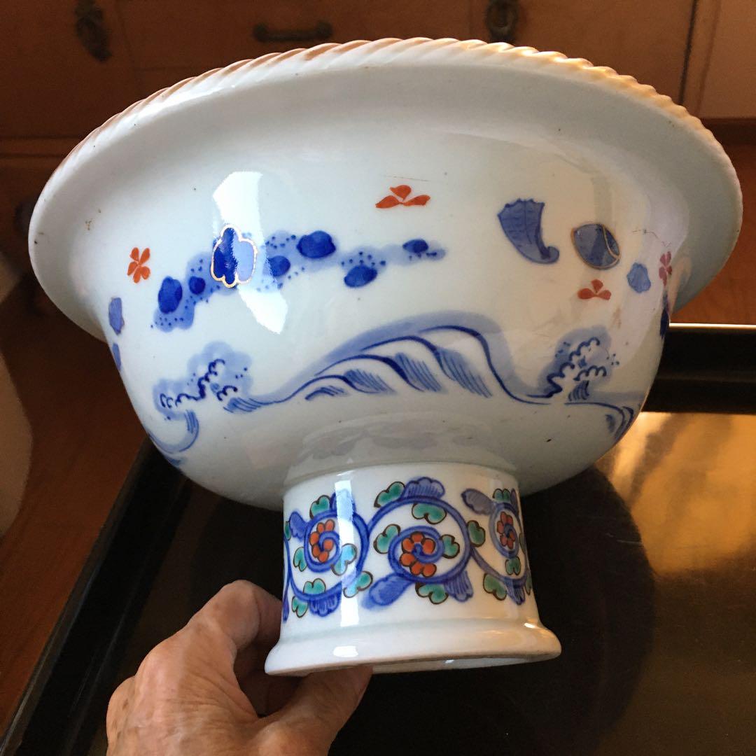 古伊万里 伊万里 染付 色絵金彩足付鉢 高台 深鉢 骨董