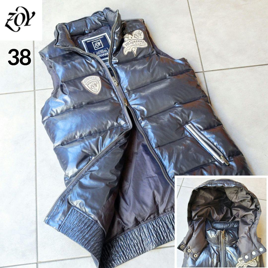 ZOY ダウンベスト フード付き ワッペン ダウン90%　ダブルファスナー