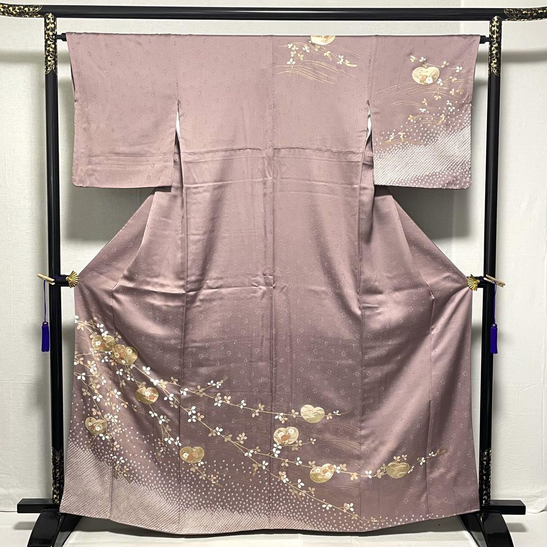 D5 訪問着　絞り　金駒刺繍　萩　正絹　着物　袷　極美品
