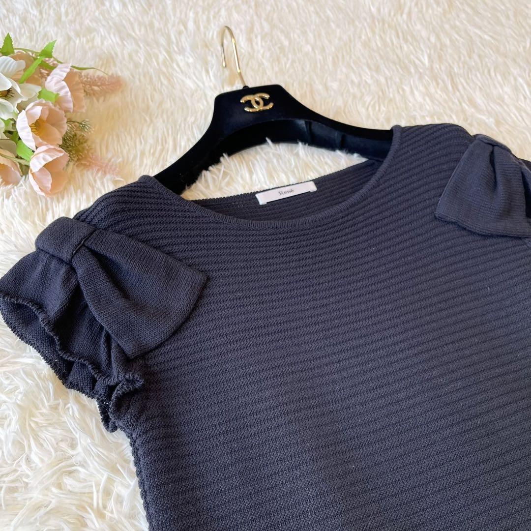 美品 Rene 肩リボン フリル コットンブレンド ニット ブラック 36