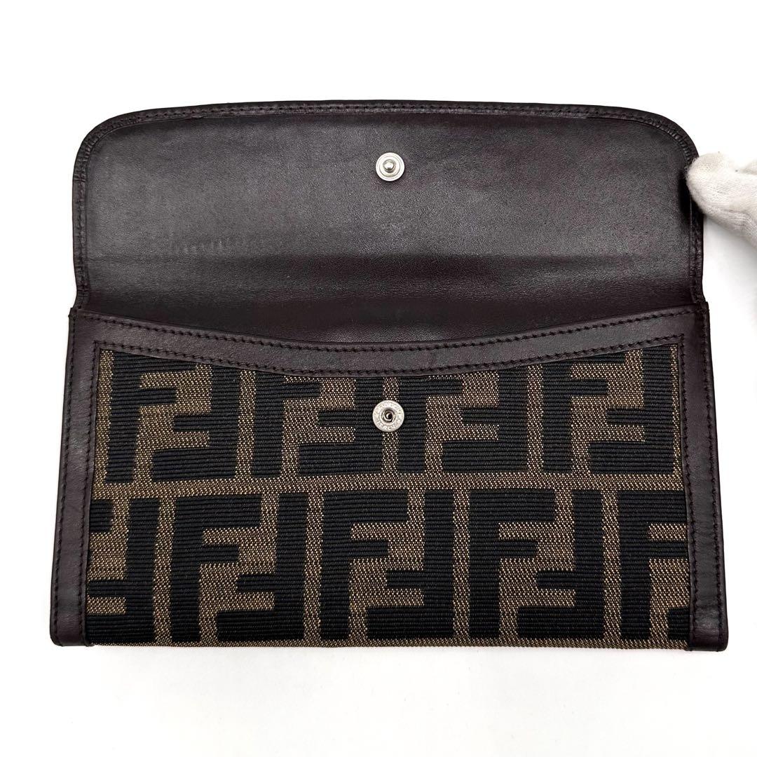【美品】フェンディ ズッカ柄 二つ折り財布 長財布 レザー キャンバス ブラウン