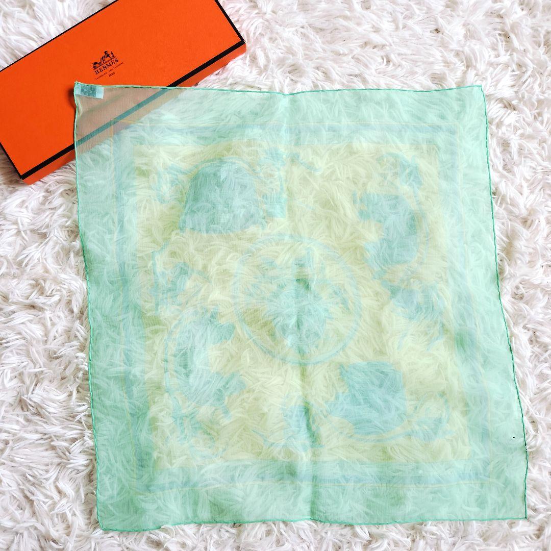 極美品☆HERMES エルメス☆シルクスカーフ プチカレ40 グリーン×ブルー