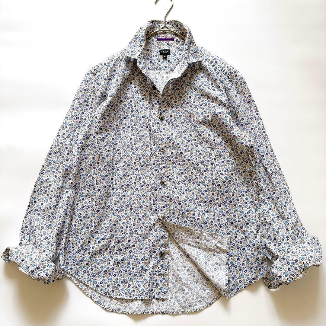 ポールスミスロンドン　花柄シャツ　長袖　総柄　Mサイズ　刻印ボタン　ブルーグレー
