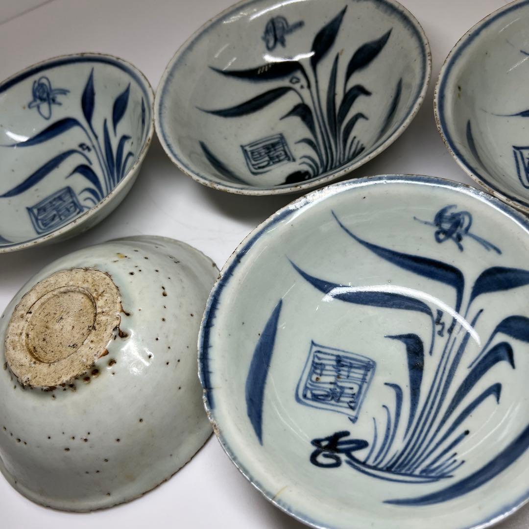 中国明時代 古染付鉢5客 口径約14㎝ 東Y7-1104 トヒオやや傷や汚れあり