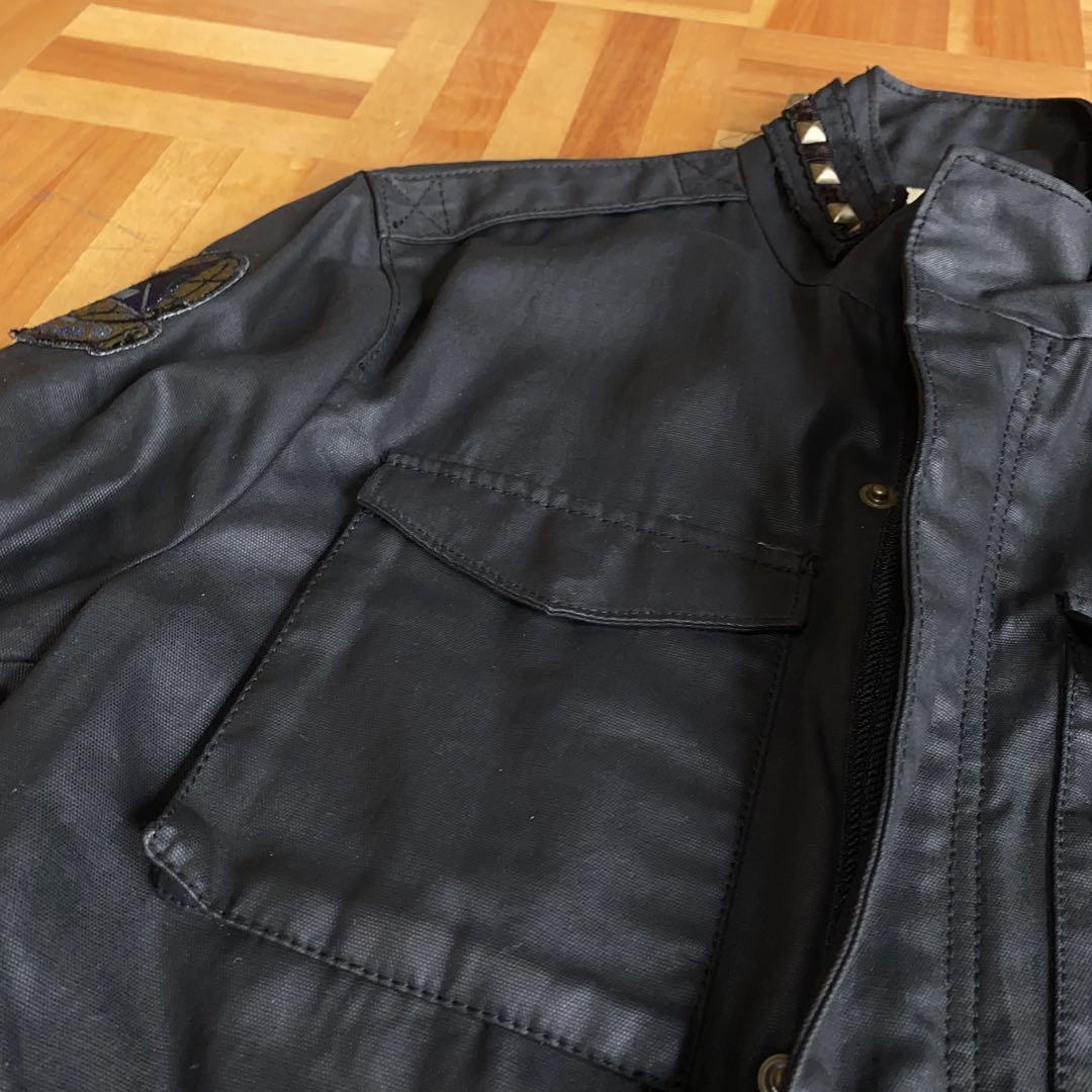 00s y2k 裏スカル コーティング ライダース スタッズミリタリージャケット