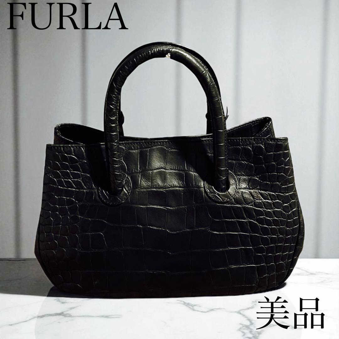 ｛新品未使用｝FURLA クロコ型押しレザー ハンドバッグ FURLA フルラ クロコ型押しレザー ハンドバッグ ブラック 美品