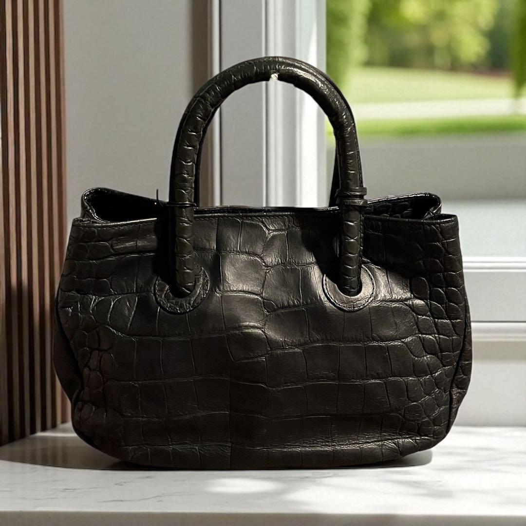 ｛新品未使用｝FURLA クロコ型押しレザー ハンドバッグ FURLA フルラ クロコ型押しレザー ハンドバッグ ブラック 美品