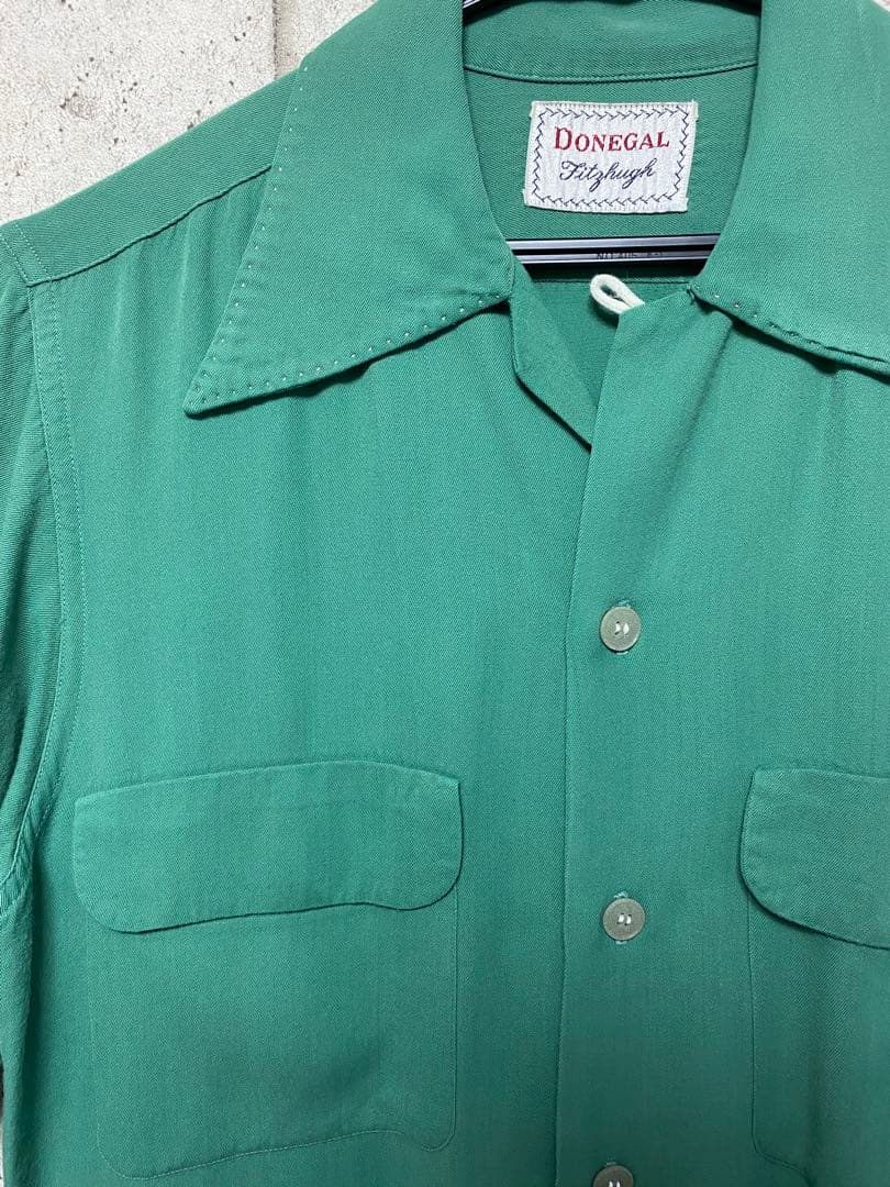 50s Donegal 無地 ループ レーヨン シャツ 緑 ビンテージM American Vintage