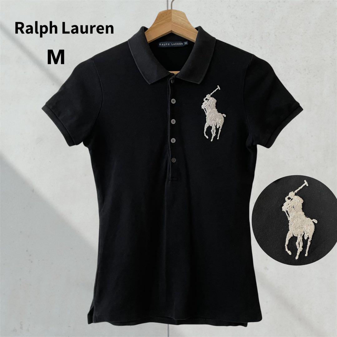RALPH LAURENラルフローレン　ビーズ刺繍ビッグポニー　ポロシャツ　黒M ラルフローレン ポロシャツ ビーズ刺繍 ビッグポニー 半袖 黒 M
