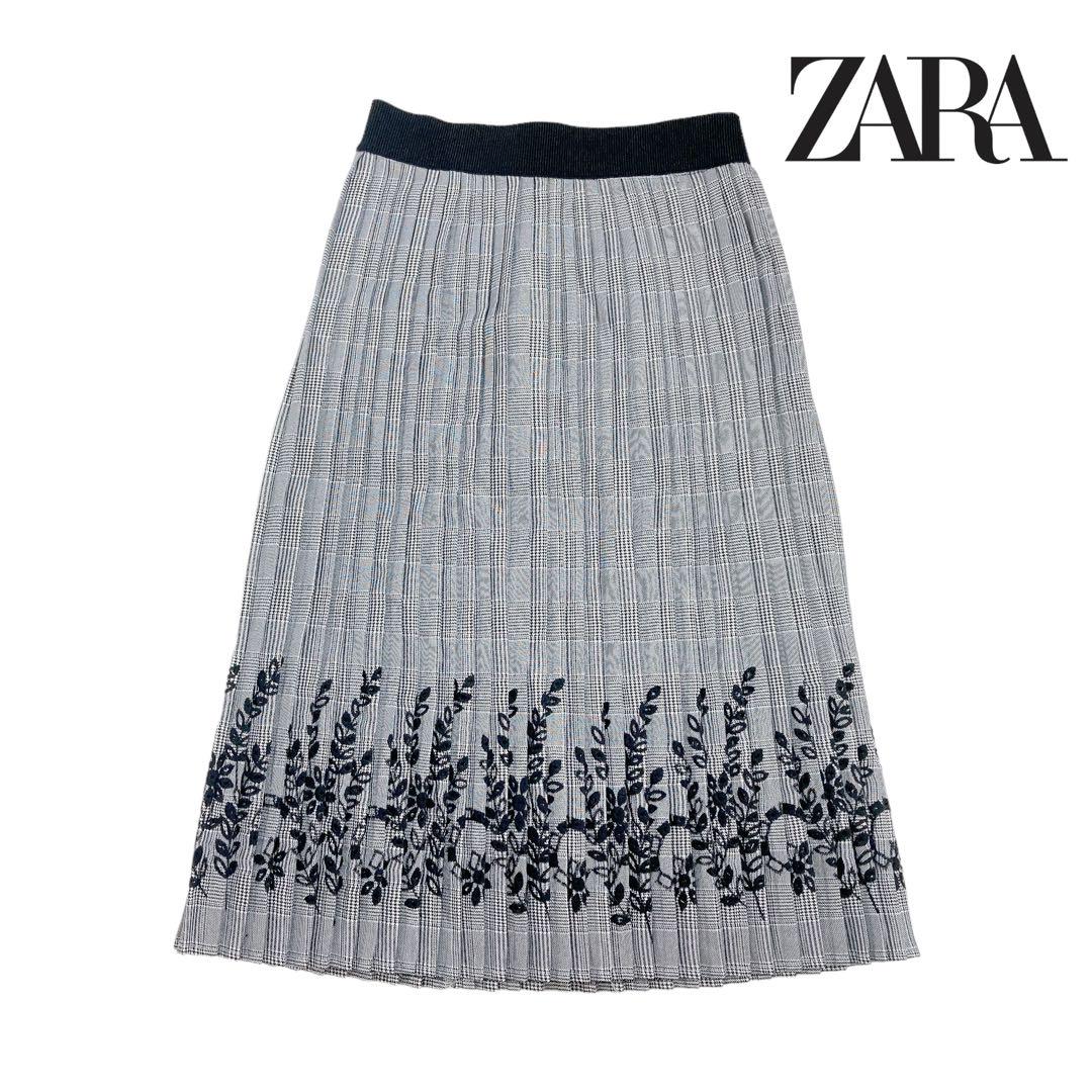 08T943☆ ZARA BASIC 千鳥柄 花柄刺繍 ロング プリーツスカート