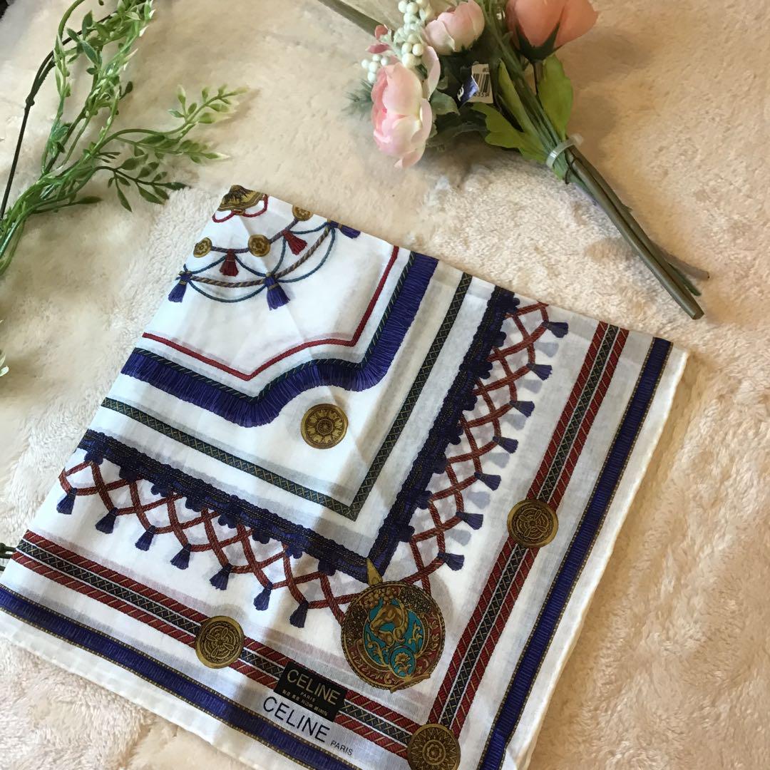 新品！ CELINE 刺繍 ハンカチ スカーフ タッセル 透かし素材